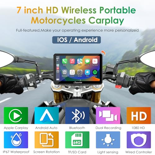 Carpuride W712D Motorcycle Carplay Screen with HD 1080 Dual Dash Cam, Wireless Car Play and Android Auto, 7" Waterproof Rotatable Navigation Touchscreen, Loop Recording, Bluetooth, Wired Controller - Image 2
