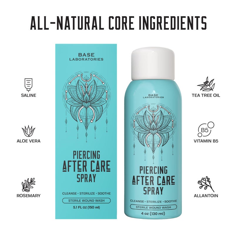 BASE LABORATORIES Piercing Aftercare Spray 4oz | Saline Spray for Piercings | Ear Piercing Cleaner | Saline Solution for Piercings | Keloid Bump Removal for Ears, Belly Nose Piercings - 2PK - Image 2