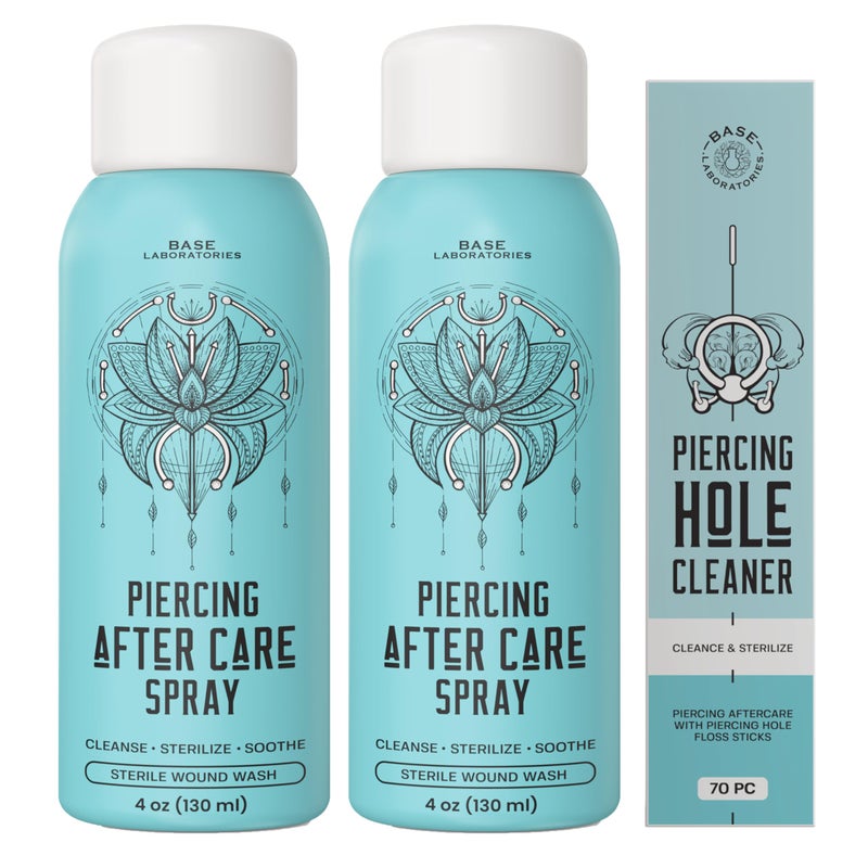BASE LABORATORIES Piercing Aftercare Spray 4oz | Saline Spray for Piercings | Ear Piercing Cleaner | Saline Solution for Piercings | Keloid Bump Removal for Ears, Belly Nose Piercings - 2PK - Image 1