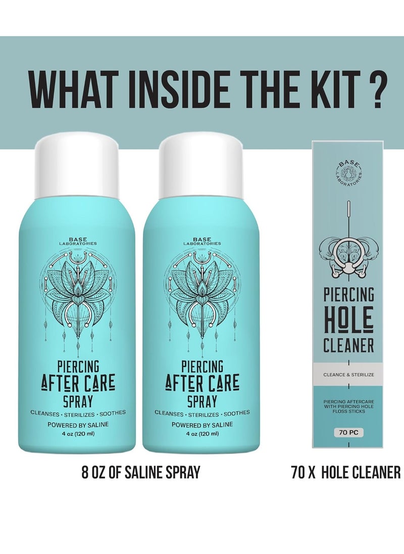 BASE LABORATORIES BASE LABORATORIES Piercing Aftercare Spray Kit | 8oz | Aftercare Keloid Bump Removal Spray + Ear Hole Cleaner Earring Cleaner Floss | Sanitizing Nose & Ear Piercing Cleaner - Piercing Bump Spray  - Image 2