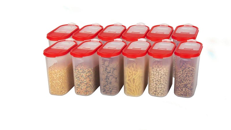 Cutting EDGE Flip-Top Modular Dispenser Containers Oval Set for Rice, Dal,Atta, Flour, Cereals, Pulses, Snacks, Stackable 1800 ML Set of 12 - RED Lids (Free Plain Lids Extra for Each Container) - Image 1