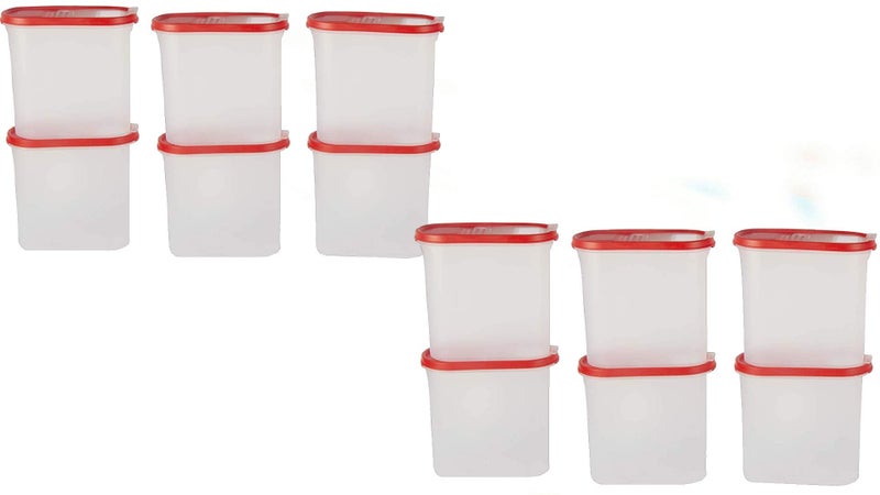 Cutting EDGE Flip-Top Modular Dispenser Containers Oval Set for Rice, Dal,Atta, Flour, Cereals, Pulses, Snacks, Stackable 1800 ML Set of 12 - RED Lids (Free Plain Lids Extra for Each Container) - Image 2