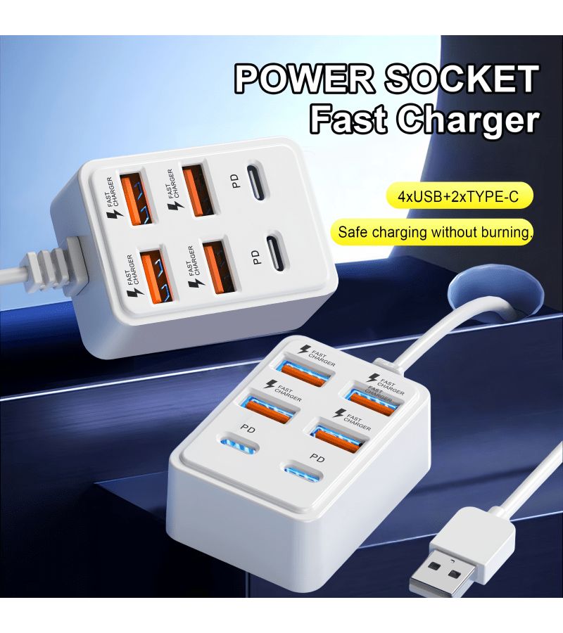 White 6 Port USB Hub with 66W Fast Charging 4 USB and 2 PD Ports - Image 1
