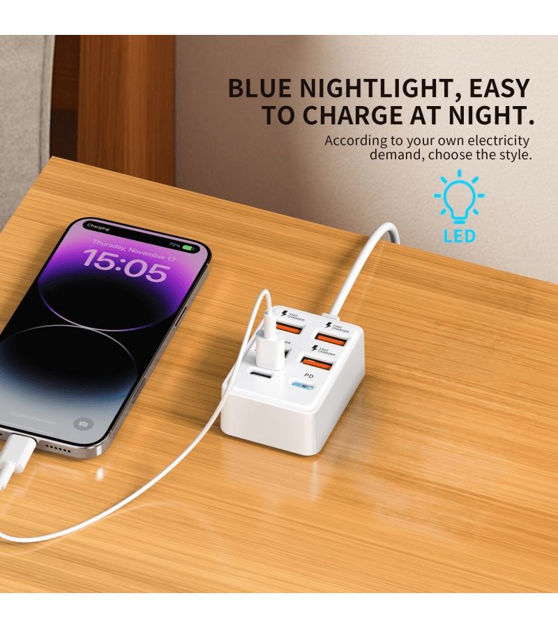 White 6 Port USB Hub with 66W Fast Charging 4 USB and 2 PD Ports - Image 4