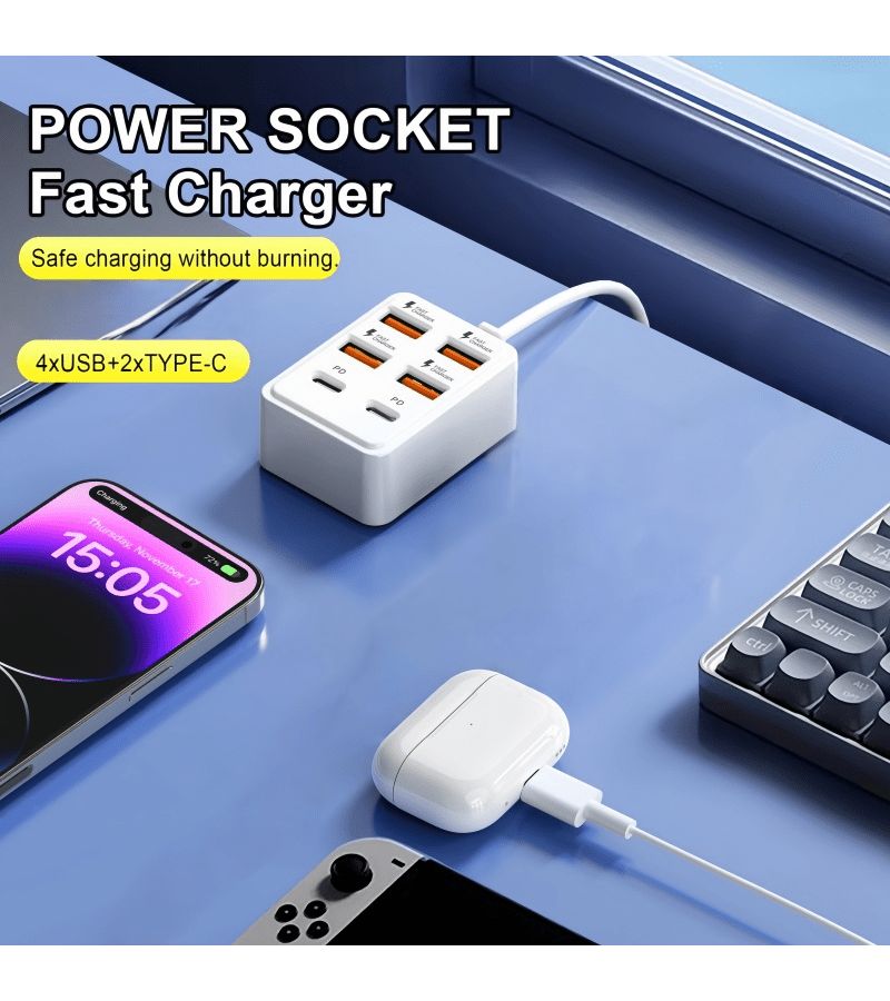 White 6 Port USB Hub with 66W Fast Charging 4 USB and 2 PD Ports - Image 3