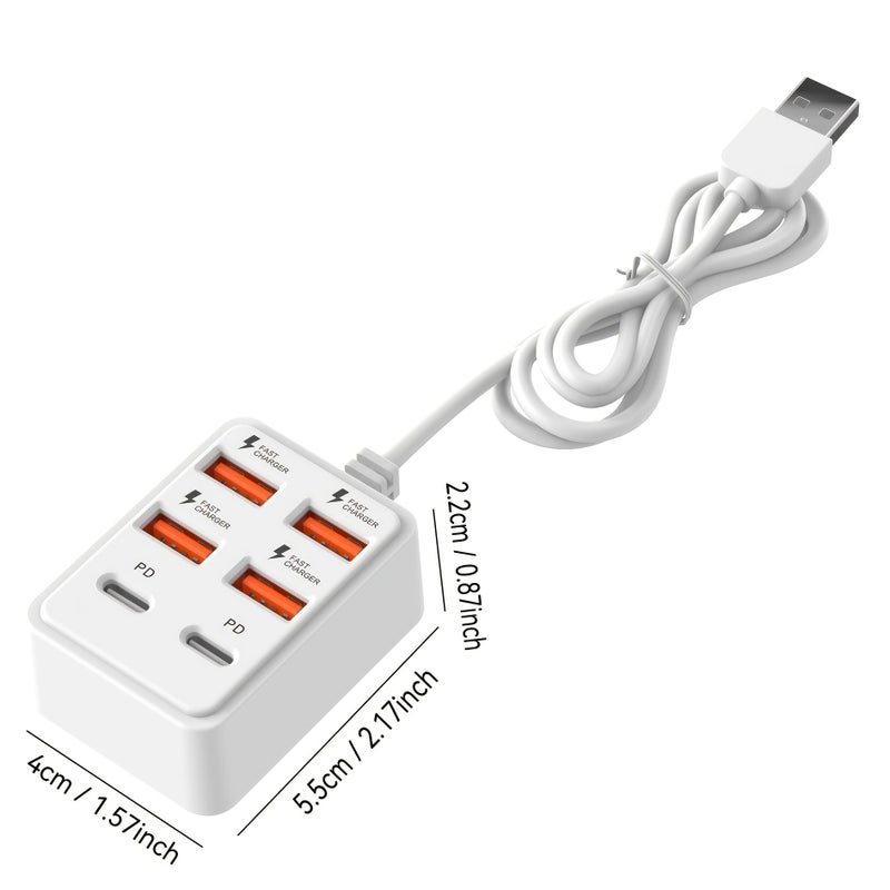 White 6 Port USB Hub with 66W Fast Charging 4 USB and 2 PD Ports - Image 2
