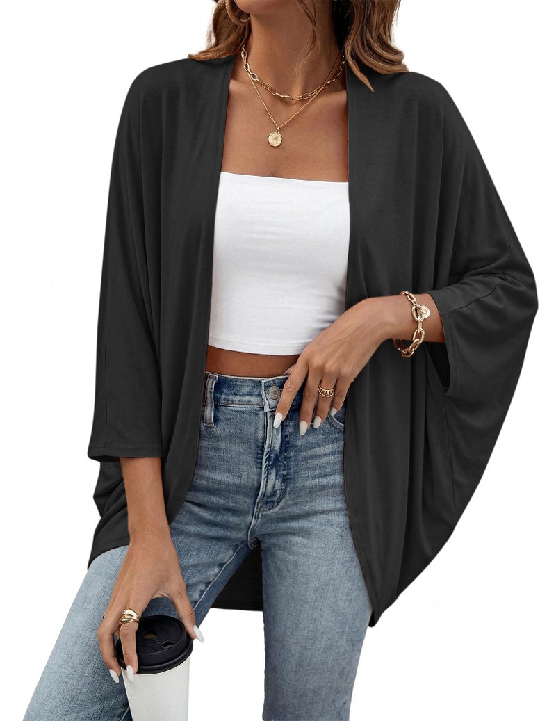 BB&KK Lightweight Cotton Fall Kimono Cardigans for Women Open Front Cover Up Tops Solid Boho 3/4 Batwing Sleeve Black Small - Image 1