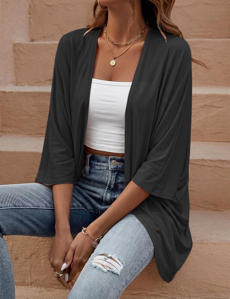 BB&KK Lightweight Cotton Fall Kimono Cardigans for Women Open Front Cover Up Tops Solid Boho 3/4 Batwing Sleeve Black Small - Image 2