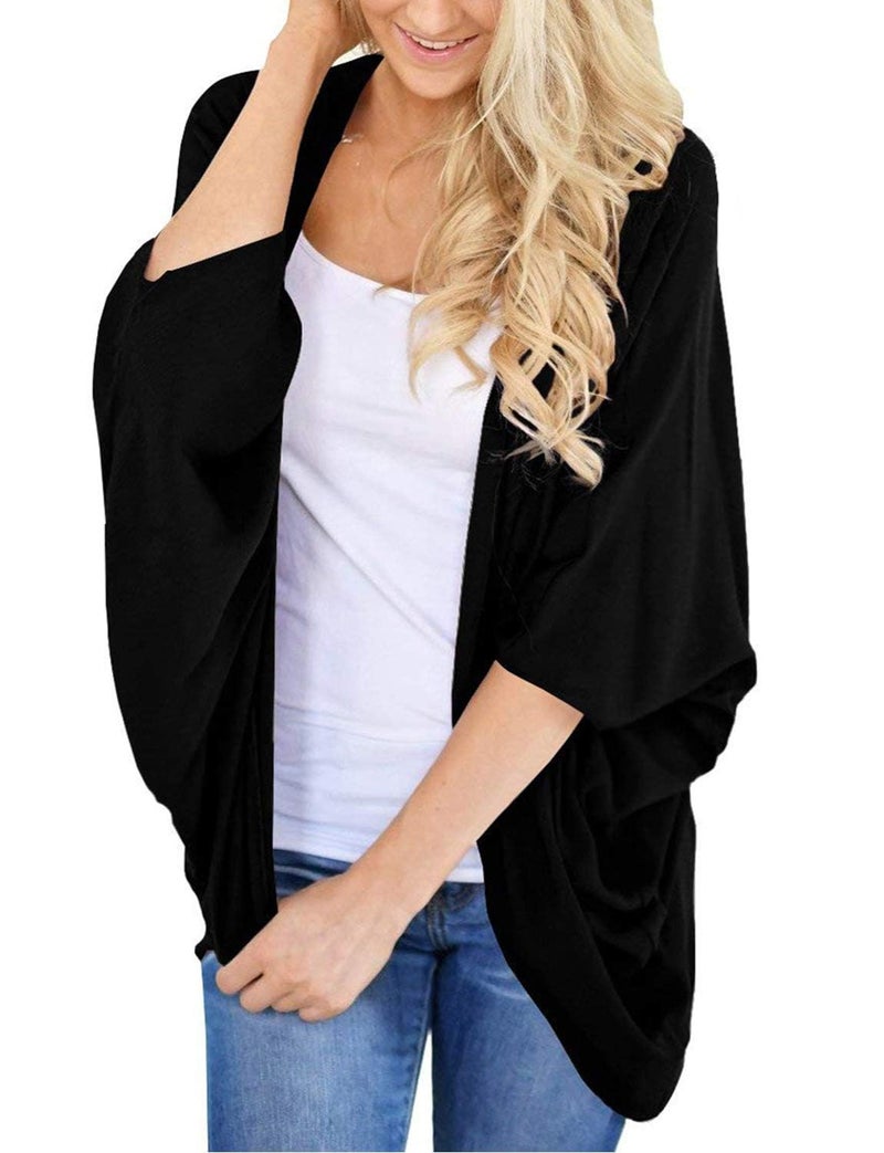BB&KK Lightweight Cotton Fall Kimono Cardigans for Women Open Front Cover Up Tops Solid Boho 3/4 Batwing Sleeve Black Small - Image 3