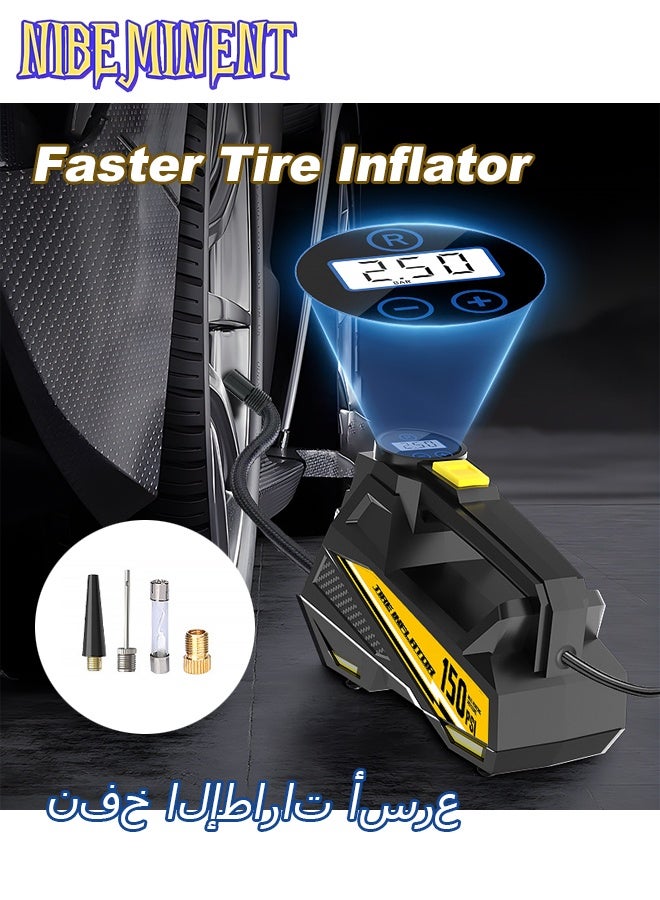 NIBEMINENT Digital Tire Inflator with LED Light - Portable Air Compressor Pump for Cars, Auto Tire Pumpfor Cars, Motorcycles & Bicycles, Balls, 150 PSI, DC 12V, High-Pressure Inflator Black/Yellow - Image 1