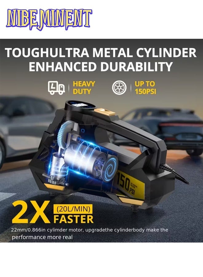 NIBEMINENT Digital Tire Inflator with LED Light - Portable Air Compressor Pump for Cars, Auto Tire Pumpfor Cars, Motorcycles & Bicycles, Balls, 150 PSI, DC 12V, High-Pressure Inflator Black/Yellow - Image 3