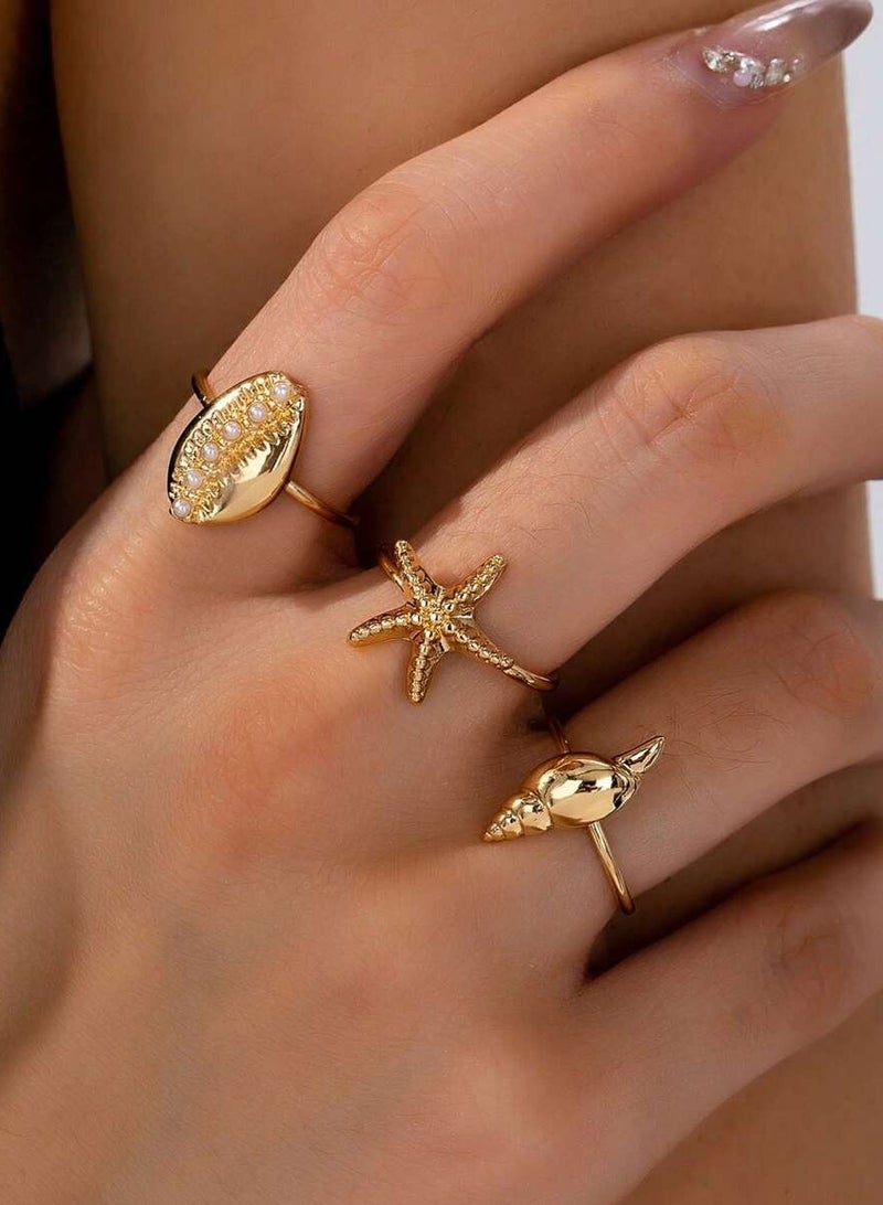 Women’s Gold Ring Set with Seashell and Starfish Design – 3-Piece Elegant Rings for Parties and Occasions - Image 1