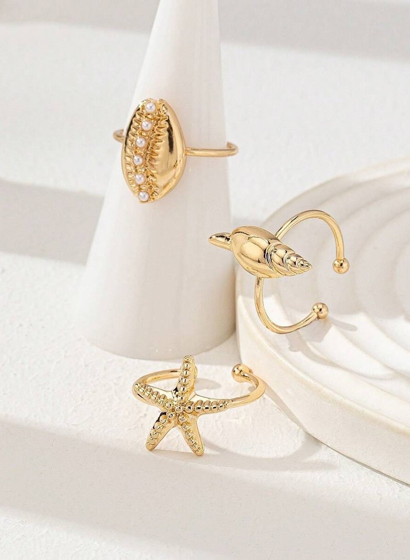 Women’s Gold Ring Set with Seashell and Starfish Design – 3-Piece Elegant Rings for Parties and Occasions - Image 2