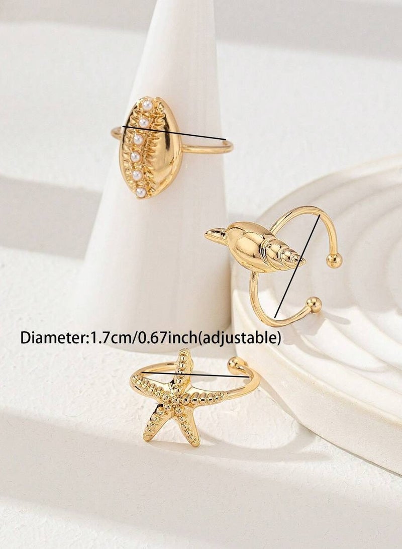 Women’s Gold Ring Set with Seashell and Starfish Design – 3-Piece Elegant Rings for Parties and Occasions - Image 3