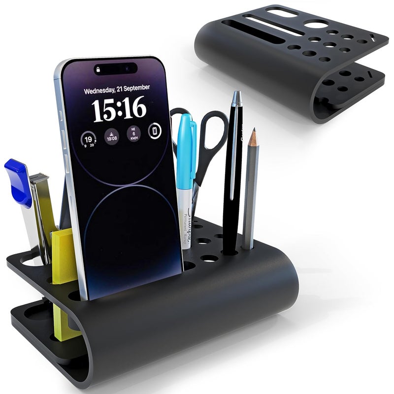 3 Lines Acrylic Tiny Twist Pen and Pencil Stationary Storage | Phone Stand | Mini Desk Organizer | Individual compartment for all the stationary | Home and Office Accessories | Black - Image 1