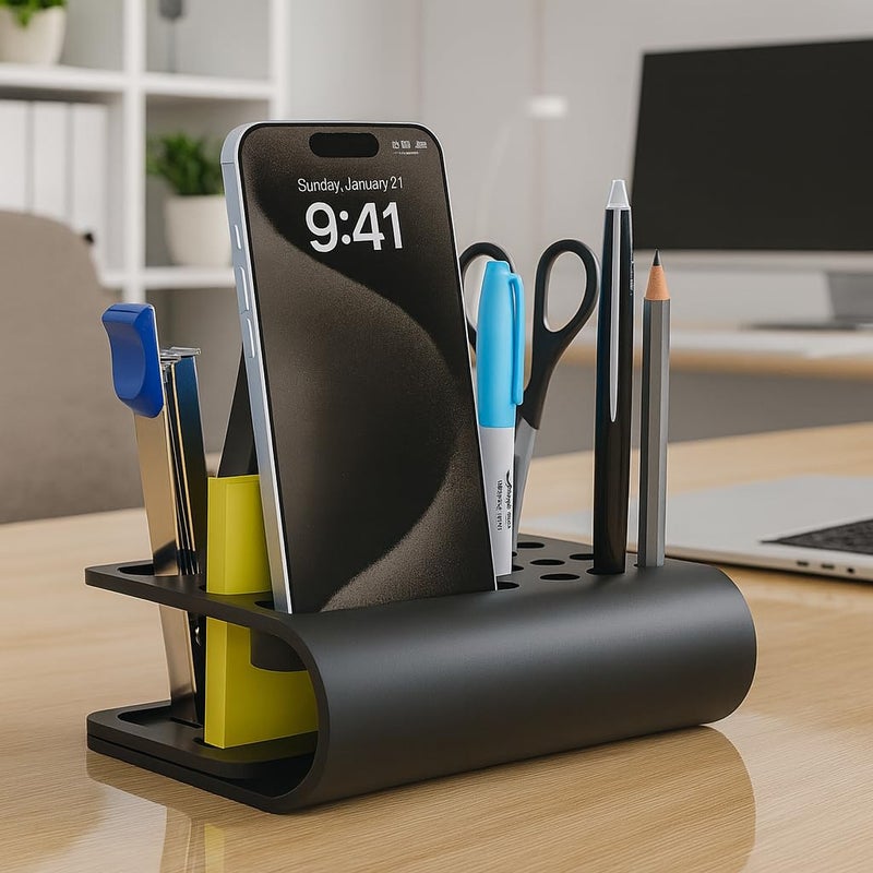 3 Lines Acrylic Tiny Twist Pen and Pencil Stationary Storage | Phone Stand | Mini Desk Organizer | Individual compartment for all the stationary | Home and Office Accessories | Black - Image 2