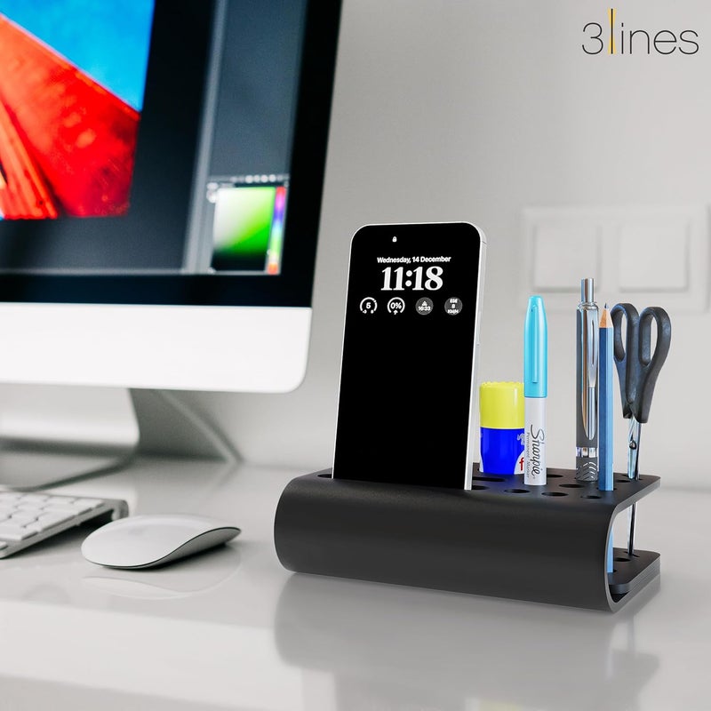 3 Lines Acrylic Tiny Twist Pen and Pencil Stationary Storage | Phone Stand | Mini Desk Organizer | Individual compartment for all the stationary | Home and Office Accessories | Black - Image 3