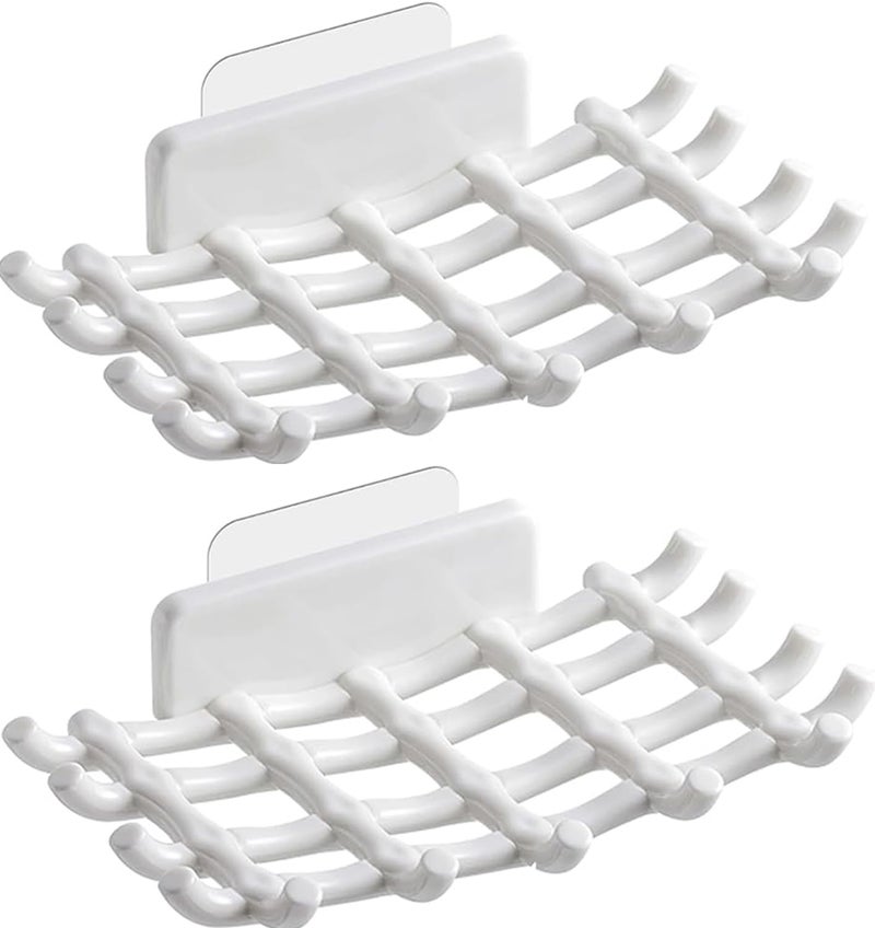 Leeonz Soap Bar Holder for Shower Wall, Self Draining Soap Dish with Hooks, No Drilling, Bathtub Kitchen Sink Waterproof Adhesive Wall Mounted Dish (White - Pack of 2) - Image 1