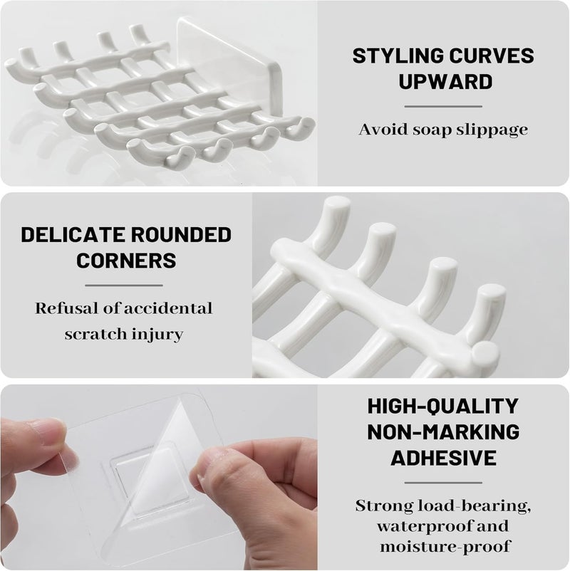 Leeonz Soap Bar Holder for Shower Wall, Self Draining Soap Dish with Hooks, No Drilling, Bathtub Kitchen Sink Waterproof Adhesive Wall Mounted Dish (White - Pack of 2) - Image 3