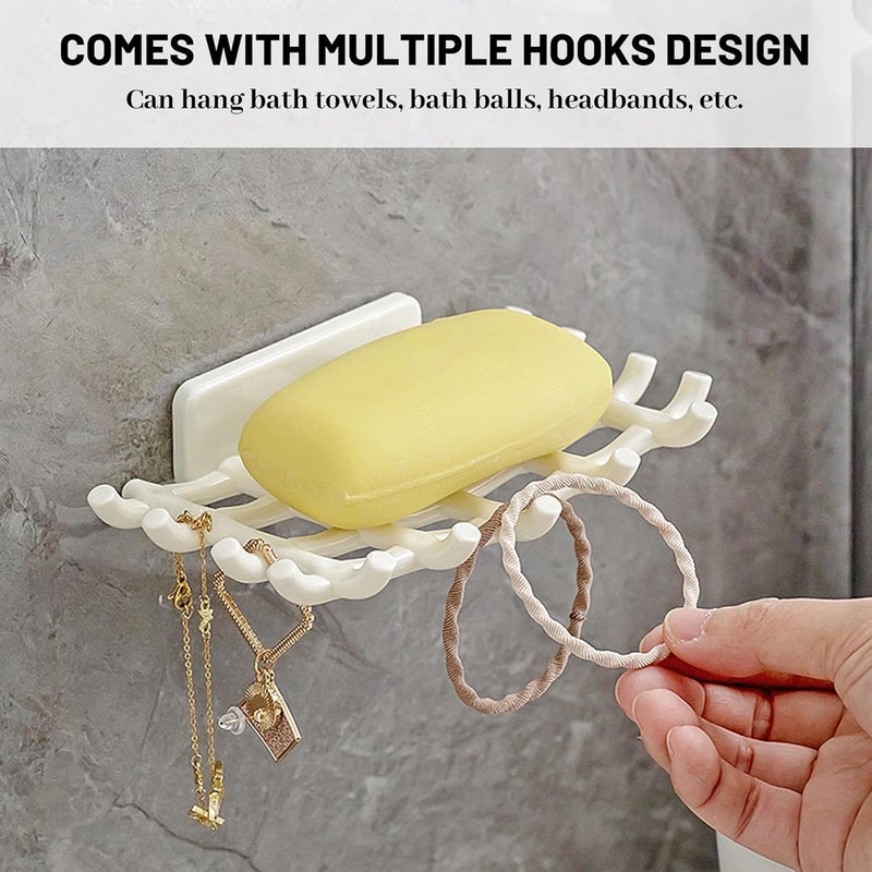 Leeonz Soap Bar Holder for Shower Wall, Self Draining Soap Dish with Hooks, No Drilling, Bathtub Kitchen Sink Waterproof Adhesive Wall Mounted Dish (White - Pack of 2) - Image 2