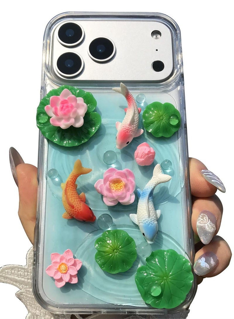 Case for iPhone 17 Pro Max，3D Koi and Lotus Phone Case, Restoring Dynamic Water Scenery, Fresh and Elegant - Image 1