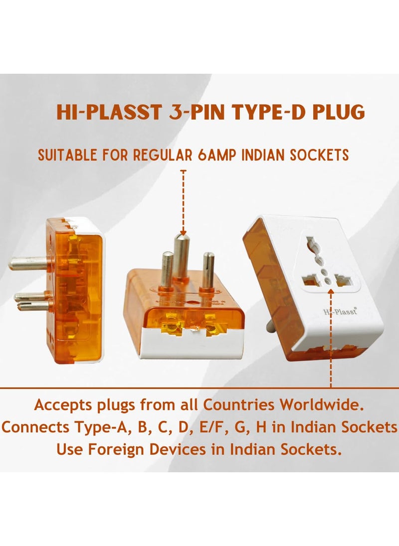 HI PLASST PINS N PLUGS HiPlasst 3pin MultiPlug Adapter Converter Pack of 5 TypeD Travel Universal Multiplug for 2Pin 3Pin Plug Tops Socket Connector for Electric Board US to India Converter Plug  - Image 3