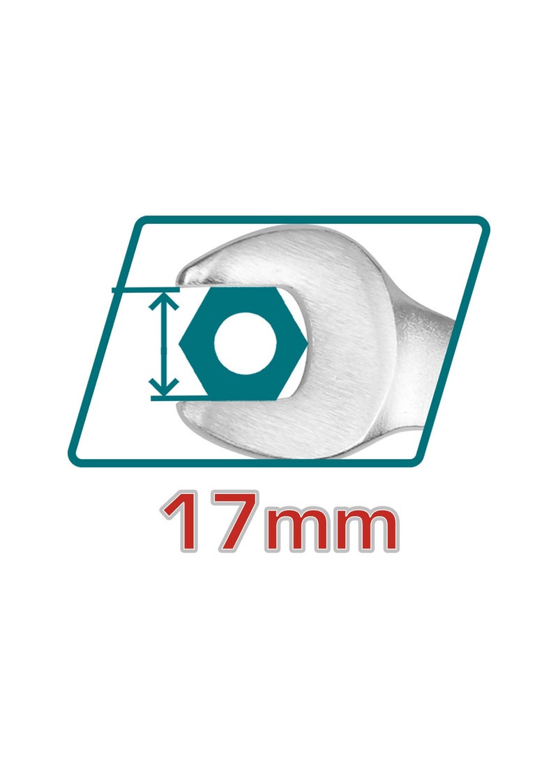 توتال مفتاح ترّس من توتال مقاس 17 مم، مصنوع من فولاذ كروم-فاناديوم (Cr-V)، مطلي بالكروم بتشطيب غير لامع، مزود بترّس 72 سن مع رأس كروم-مولبدنوم (Cr-Mo)، بطول 225 مم - Image 2