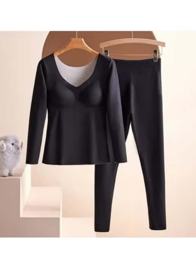 CCOVERY Women Thermal Underwear Winter Long Sleeve Bottoming Top Seamless Thick Double Layer Warm Long Johns Woman 2Pcs Set Sleepwear Black - Image 1