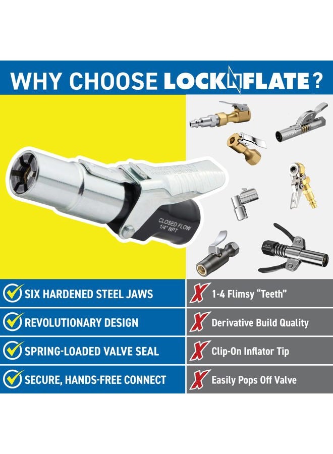LockNFlate ® Locking Air Chuck - Six Steel Jaws Lock onto Any tire Valve - Won't Leak or pop Off - Rated to 150 PSI - Open Flow - Image 3