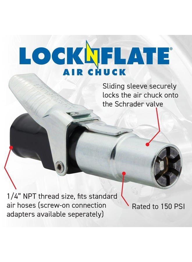 LockNFlate ® Locking Air Chuck - Six Steel Jaws Lock onto Any tire Valve - Won't Leak or pop Off - Rated to 150 PSI - Open Flow - Image 2