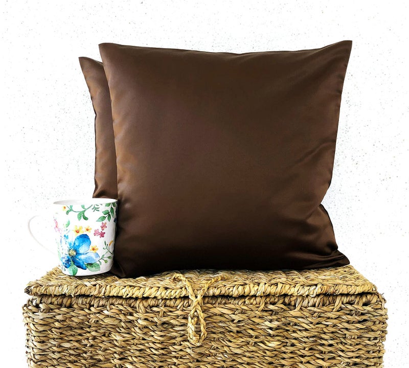 AVKA Studio Heavy Quality Satin Throw Pillow Covers - Chocolate Brown - Set of 2-16x16 Decorative Pillow Covers - with Lining and Zipper Closure - Faux Silk Luxury Pillow for Couch Bed - No Insert - Image 3