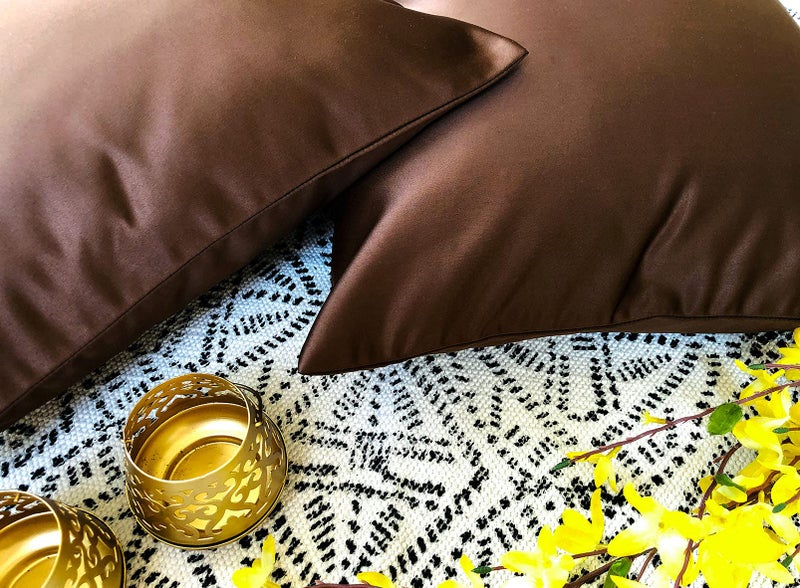 AVKA Studio Heavy Quality Satin Throw Pillow Covers - Chocolate Brown - Set of 2-16x16 Decorative Pillow Covers - with Lining and Zipper Closure - Faux Silk Luxury Pillow for Couch Bed - No Insert - Image 2