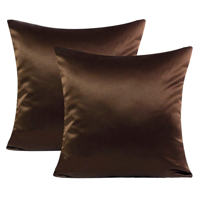 AVKA Studio Heavy Quality Satin Throw Pillow Covers - Chocolate Brown - Set of 2-16x16 Decorative Pillow Covers - with Lining and Zipper Closure - Faux Silk Luxury Pillow for Couch Bed - No Insert - Image 1