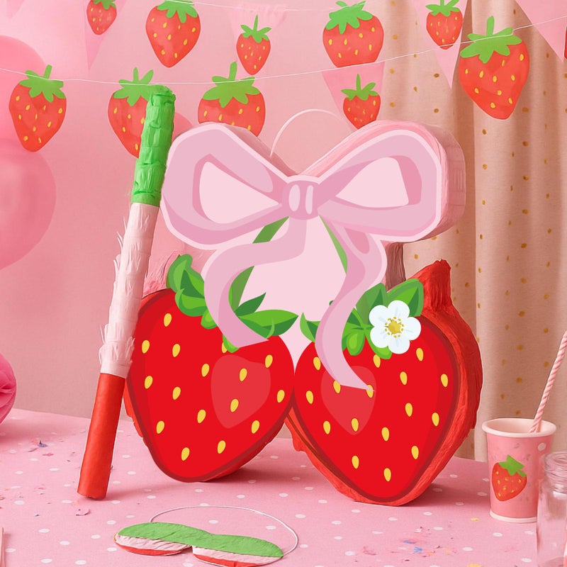 Capoda Pink Bow Strawberry PiÃ±ata Party Decorations14 x 12 x 3 Inch Berry PiÃ±ata with Stick Blindfold for Girls Kids Mexican Strawberry Theme Birthday Baby Shower Party Game Supplies Decor - Image 2