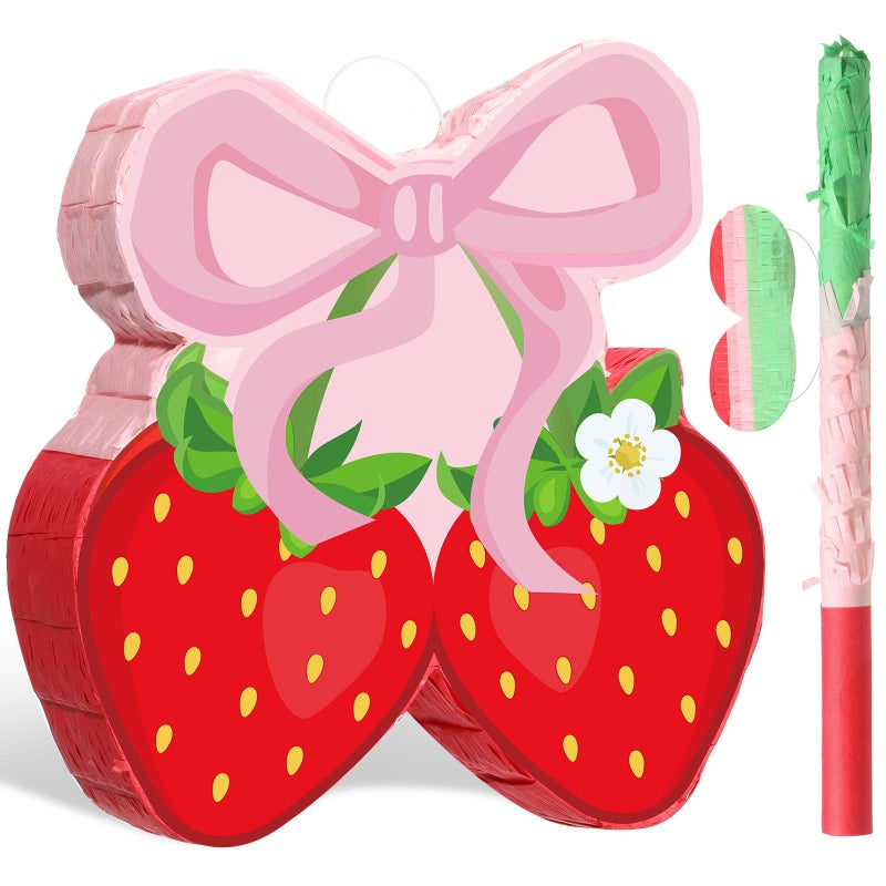 Capoda Pink Bow Strawberry PiÃ±ata Party Decorations14 x 12 x 3 Inch Berry PiÃ±ata with Stick Blindfold for Girls Kids Mexican Strawberry Theme Birthday Baby Shower Party Game Supplies Decor - Image 1