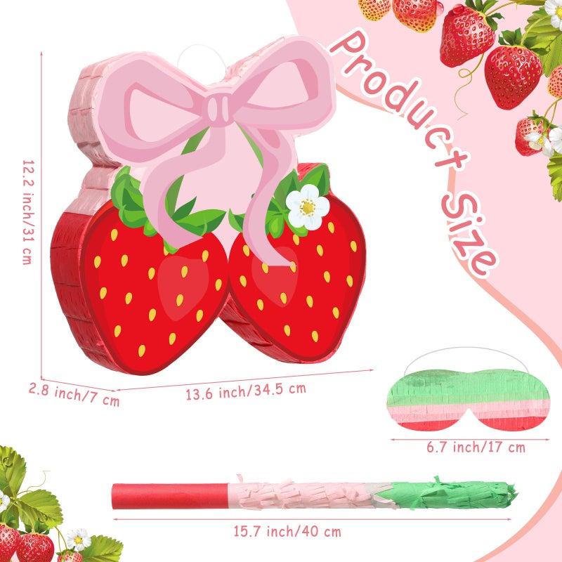 Capoda Pink Bow Strawberry PiÃ±ata Party Decorations14 x 12 x 3 Inch Berry PiÃ±ata with Stick Blindfold for Girls Kids Mexican Strawberry Theme Birthday Baby Shower Party Game Supplies Decor - Image 3