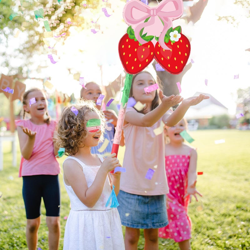 Capoda Pink Bow Strawberry PiÃ±ata Party Decorations14 x 12 x 3 Inch Berry PiÃ±ata with Stick Blindfold for Girls Kids Mexican Strawberry Theme Birthday Baby Shower Party Game Supplies Decor - Image 5