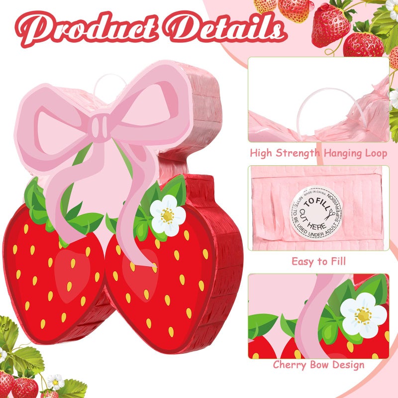 Capoda Pink Bow Strawberry PiÃ±ata Party Decorations14 x 12 x 3 Inch Berry PiÃ±ata with Stick Blindfold for Girls Kids Mexican Strawberry Theme Birthday Baby Shower Party Game Supplies Decor - Image 4