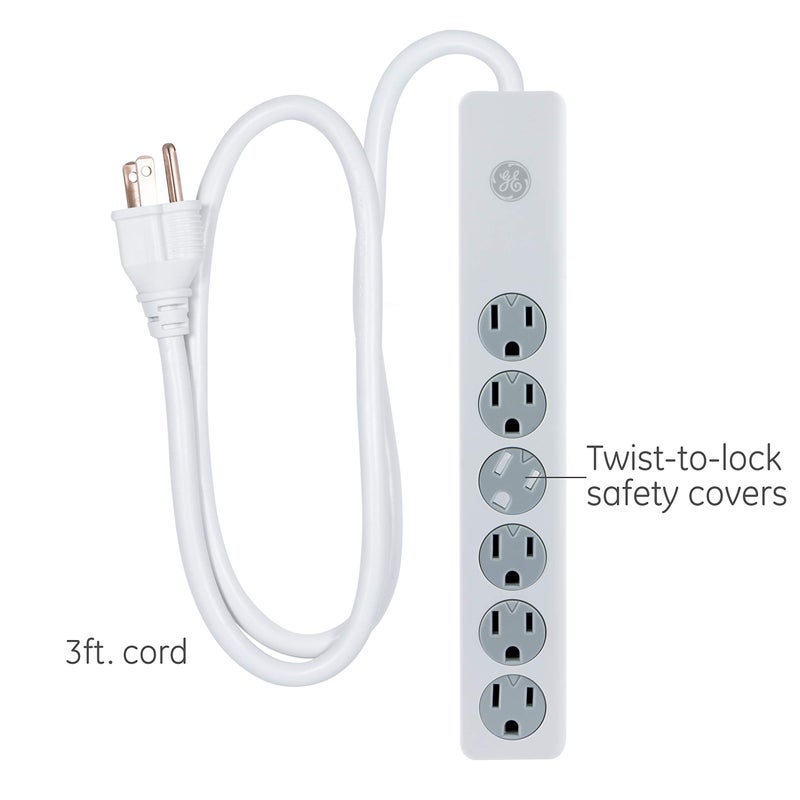 GE 6-Outlet Surge Protector, 3 Ft Extension Cord, Power Strip, Twist to Close Outlets, 450 Joules, Heavy Duty Plug, UL Listed, White, 14089 - Image 2