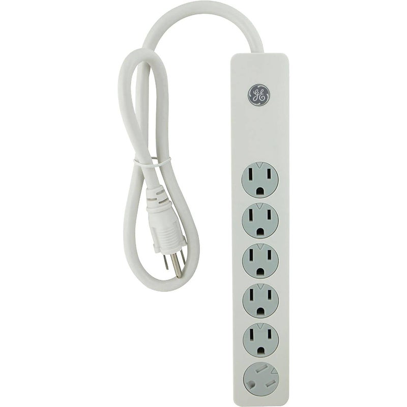 GE 6-Outlet Surge Protector, 3 Ft Extension Cord, Power Strip, Twist to Close Outlets, 450 Joules, Heavy Duty Plug, UL Listed, White, 14089 - Image 1