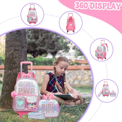 Meetbelify Rolling Backpack for Girls Backpack with Wheels for Elementary Student Kids School Bag with Lunch Box Pencil Case for Girls Ages 6-8 Years Old - Image 3