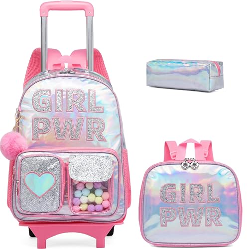 Meetbelify Rolling Backpack for Girls Backpack with Wheels for Elementary Student Kids School Bag with Lunch Box Pencil Case for Girls Ages 6-8 Years Old - Image 1