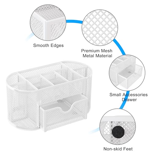 EasyPAG Mesh Pen Holder Desk Organizer with Drawer Stationery Supplies Organizer for Dorm School 9 Compartments Workspace Desk Accessories Organization for Office, White - Image 4
