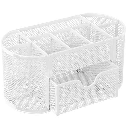 EasyPAG Mesh Pen Holder Desk Organizer with Drawer Stationery Supplies Organizer for Dorm School 9 Compartments Workspace Desk Accessories Organization for Office, White - Image 2