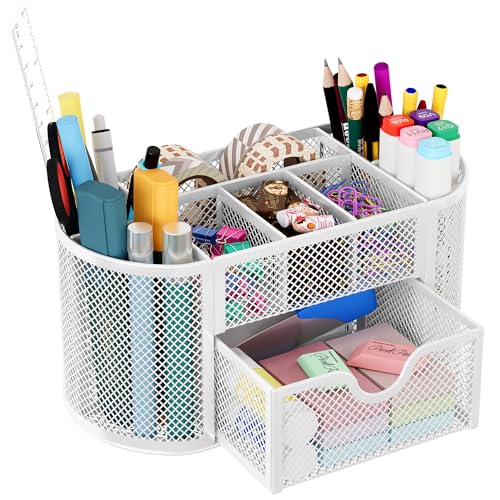 EasyPAG Mesh Pen Holder Desk Organizer with Drawer Stationery Supplies Organizer for Dorm School 9 Compartments Workspace Desk Accessories Organization for Office, White - Image 1