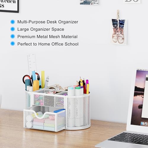 EasyPAG Mesh Pen Holder Desk Organizer with Drawer Stationery Supplies Organizer for Dorm School 9 Compartments Workspace Desk Accessories Organization for Office, White - Image 3