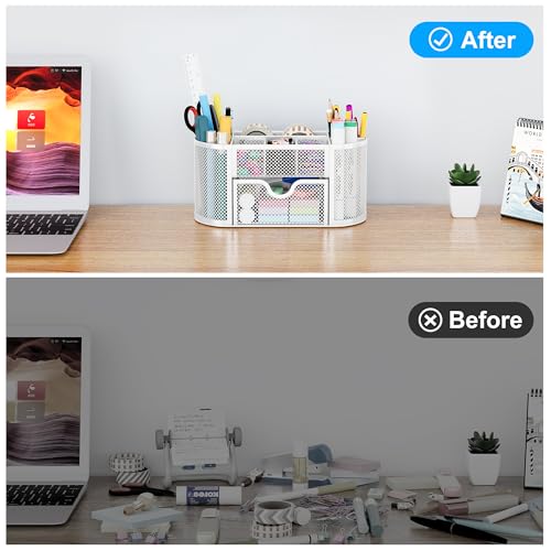EasyPAG Mesh Pen Holder Desk Organizer with Drawer Stationery Supplies Organizer for Dorm School 9 Compartments Workspace Desk Accessories Organization for Office, White - Image 5