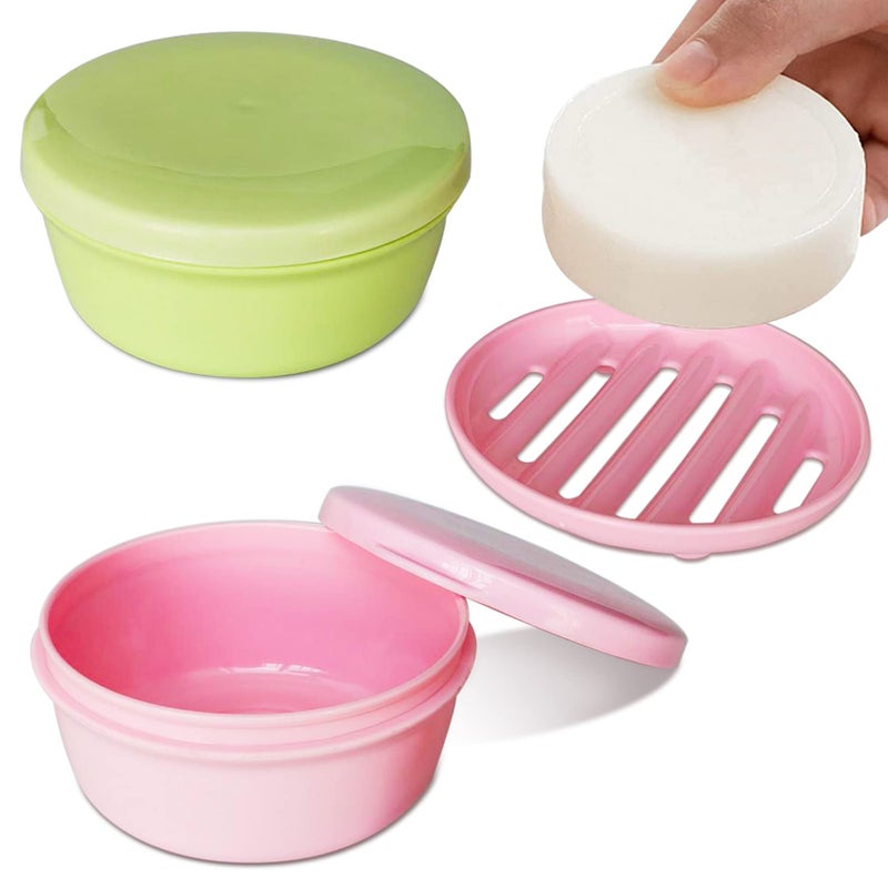 2 Pack Portable Round Soap Dishes Plastic Soap Container with Lid LeakProof Drain Soap Box Holder Soap Container for Home Traveling Outdoor Hiking Camping Gym Green  Pink
