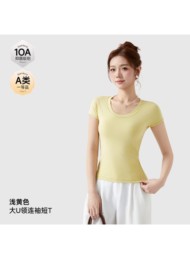 Spring And Summer Tencel Cotton U-neck T-shirt Women's Cool Feeling Breathable High Elastic Slimming 10a Antibacterial Solid Color Versatile Women's Base T-shirt