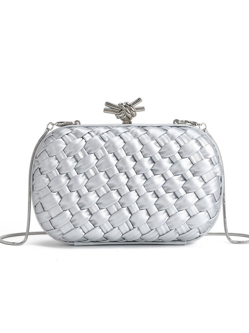Small Fragrant Woven Evening Bag Chain Clutch Bag Big-Name Style Clip Box Diagonal Shoulder Bag - Image 2